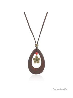 Boho Wood Teardrop Pendant Long Necklace Adjustable Leather Cord Ethnic Charm